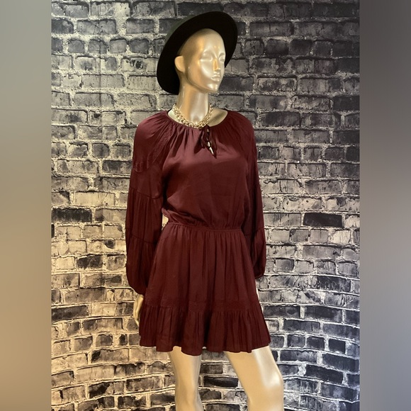 Burgundy Wine Maroon Long Baloon Sleeve Boho Mini Dress - Picture 6 of 6